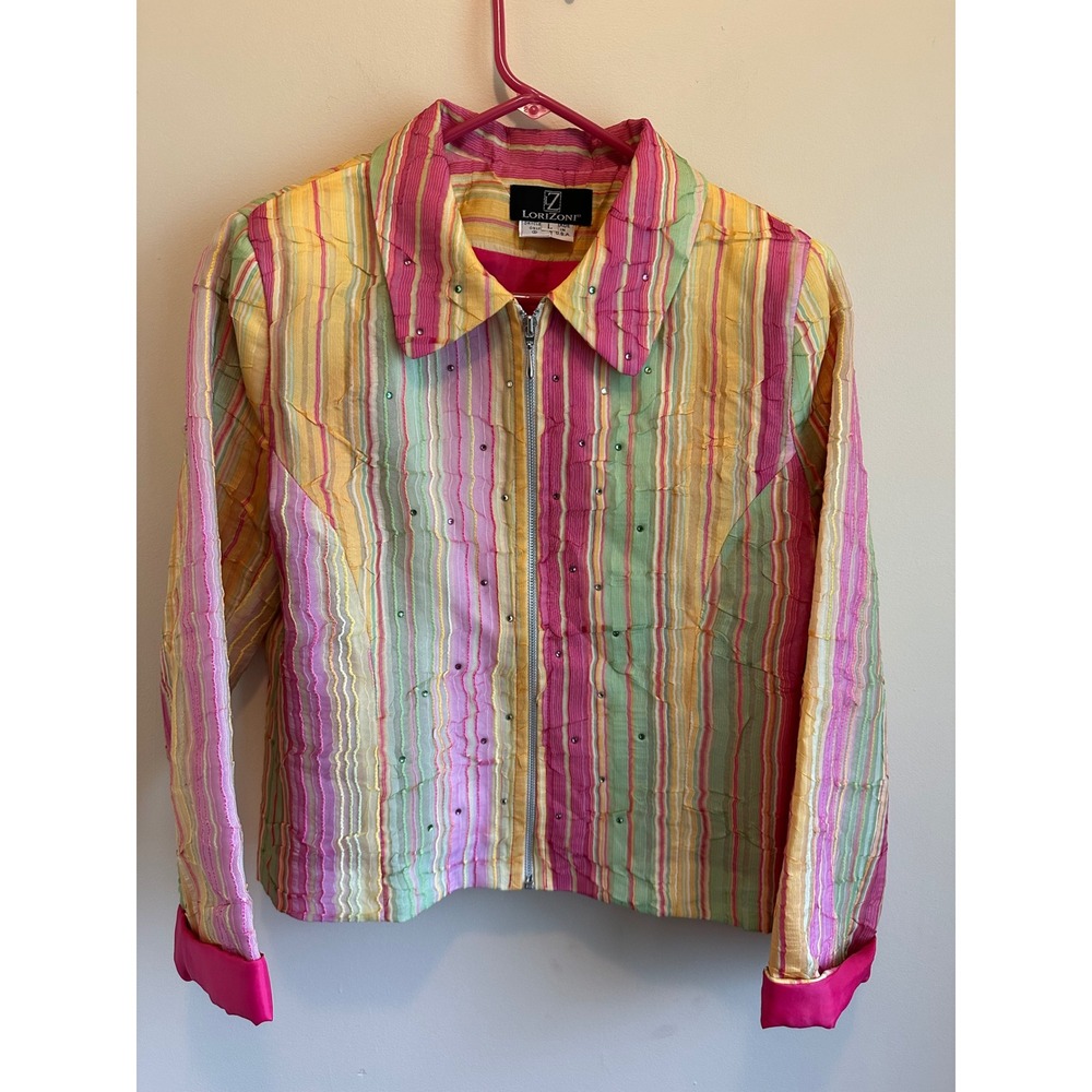 LoriZoni Vintage Striped Rhinestone Zip Jacket Pink Yellow Green Large USA Made